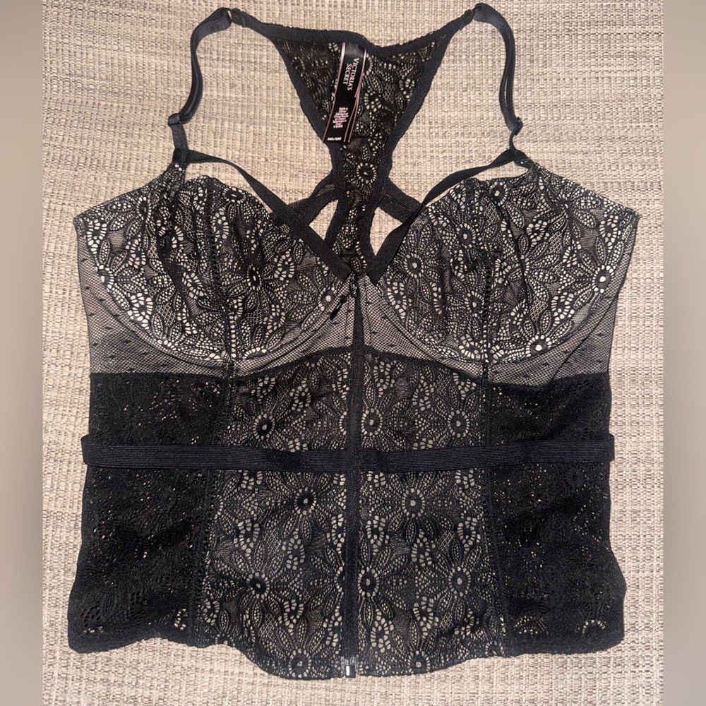 💯 Authentic Unique Victoria Secret Racer Back Black Corset Size 36D